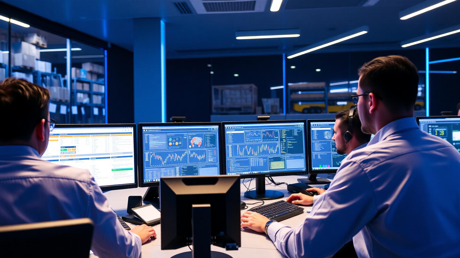 Equipe operando dashboards Orveen em sala de controle