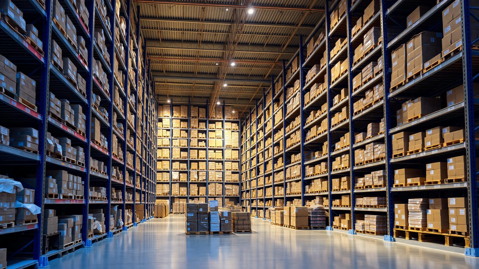 Estoque organizado com prateleiras e pallets