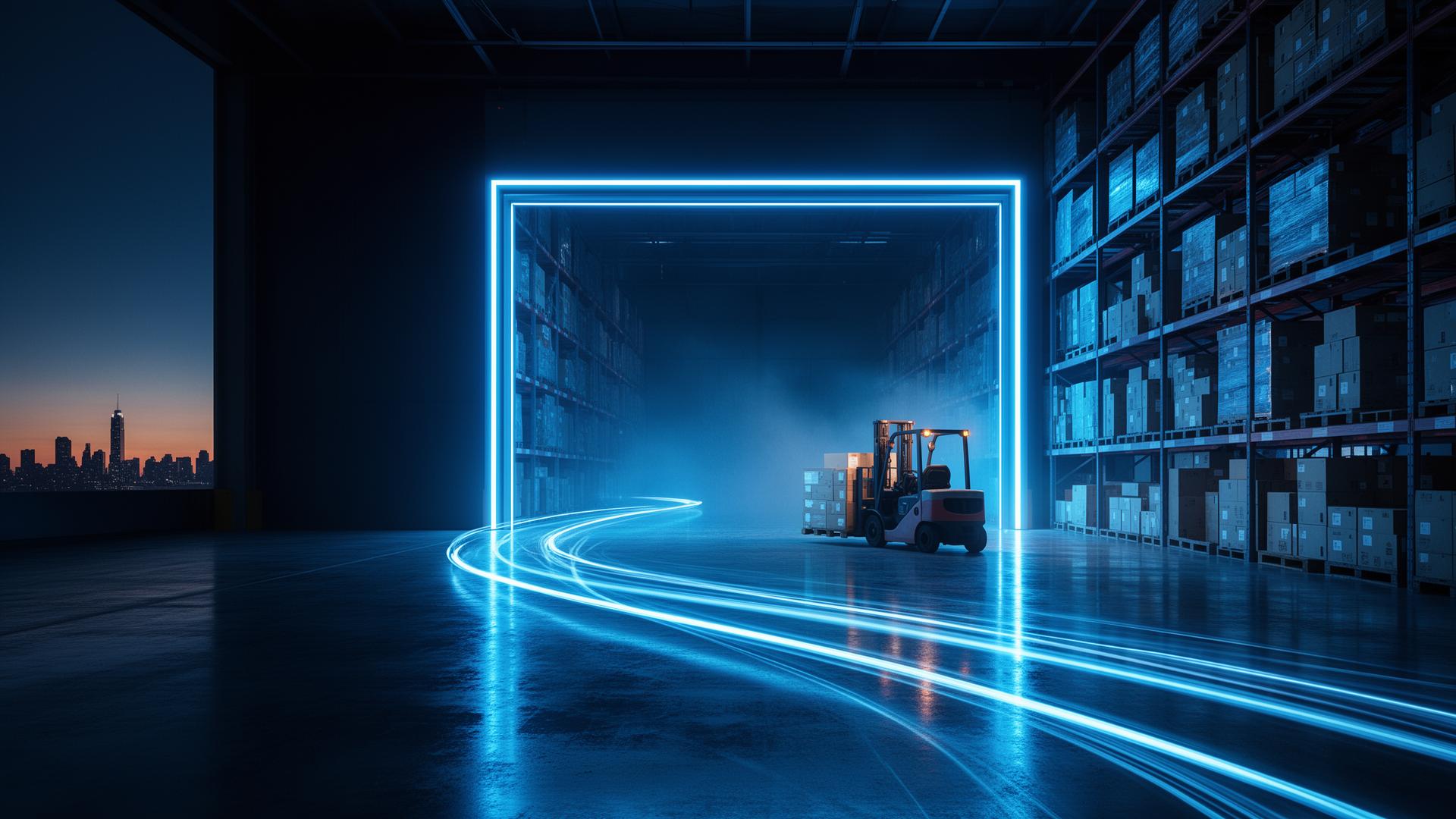 Armazém logístico Orveen com iluminação neon azul